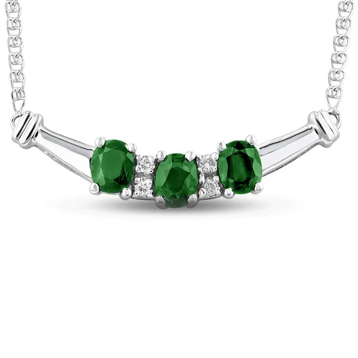 Necklaces Goldia Oval Emerald and 007 CT TW Natural Diamond Three Stone Curved Bar Necklace in 14K White Gold 1725