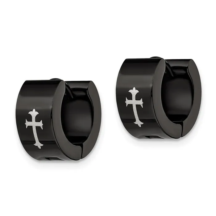 Earrings TreasureFineJewelers Stainless Steel Black IPplated 7mm Hinged Hoop wCross Earrings