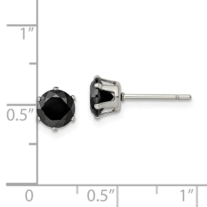 TreasureFineJewelers Earrings Stainless Steel Polished 6mm Black Round CZ Stud Post Earrings