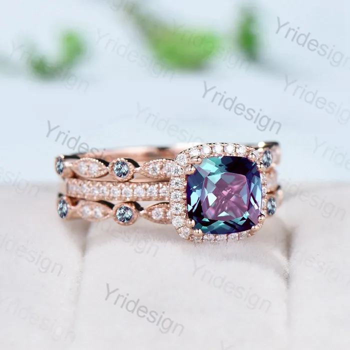 PENFINE Rings Vintage Cushion alexandrite wedding ring set 14k rose gold vintage alexandrite engagement ring set women Art deco halo diamond bridal set