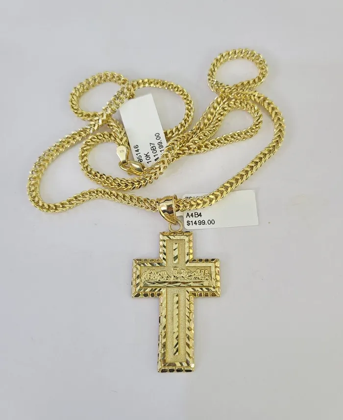 10K Franco Chain Last Supper Cross Pendant Charm Necklace 2026 3mm Gold SET Gold and Diamond Necklaces