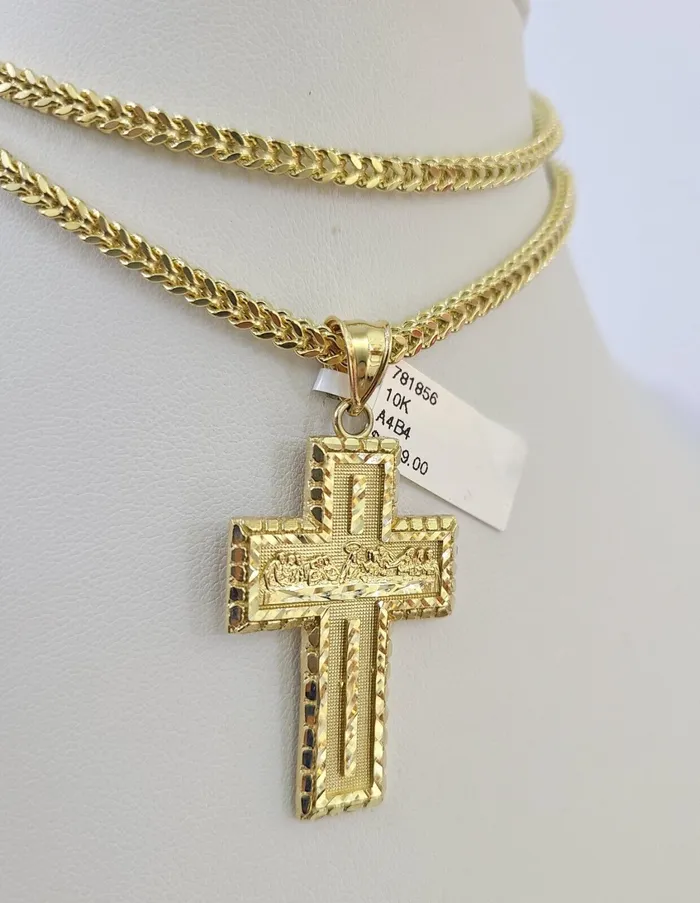 10K Franco Chain Last Supper Cross Pendant Charm Necklace 2026 3mm Gold SET Gold and Diamond Necklaces