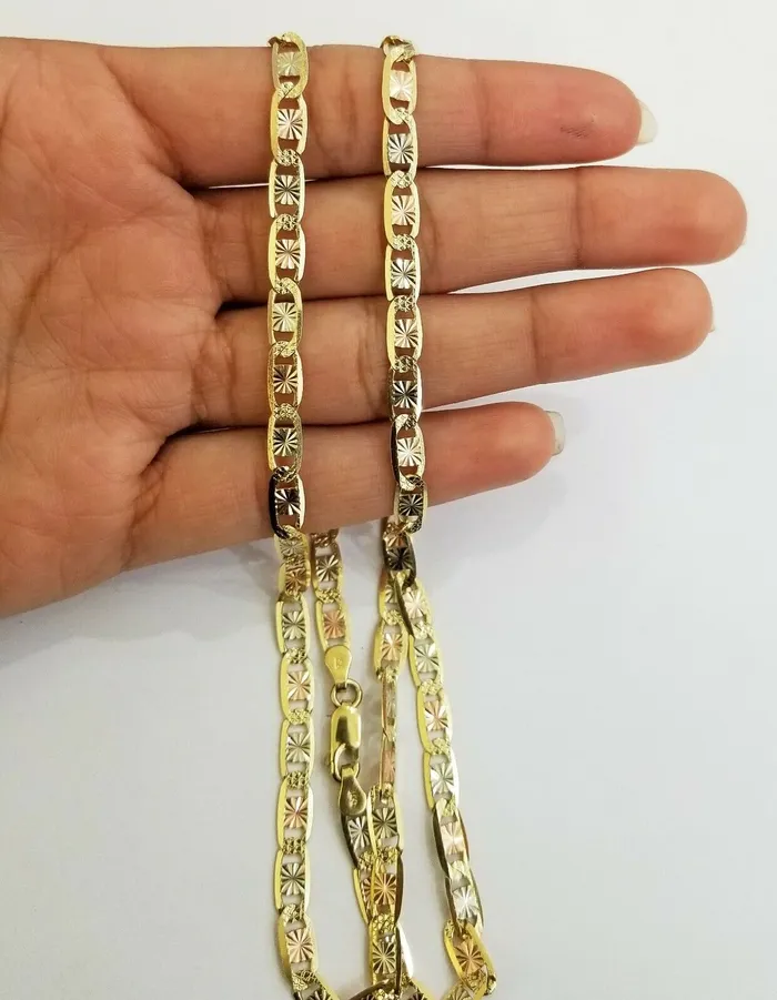 14k valentino Trio Gold Womens Link chain 26 necklace 5mm with Diamond Cuts Gold and Diamond Necklaces
