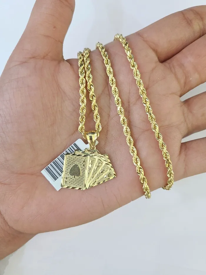 Gold and Diamond Necklaces 10k Gold Royal Flush Pendant Rope Chain 3mm 18 Necklace Set Real Yellow