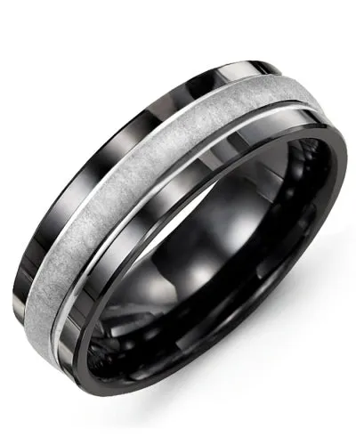 Independent Jewellers Rings Mens Convex Satin Finish Ceramic Wedding Band with 10kt White Gold Inlay