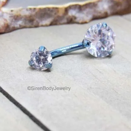 SirenBodyJewelry Rings Ice blue titanium belly button ring 14g prong set clear Swarovski gemstones internally threaded barbell