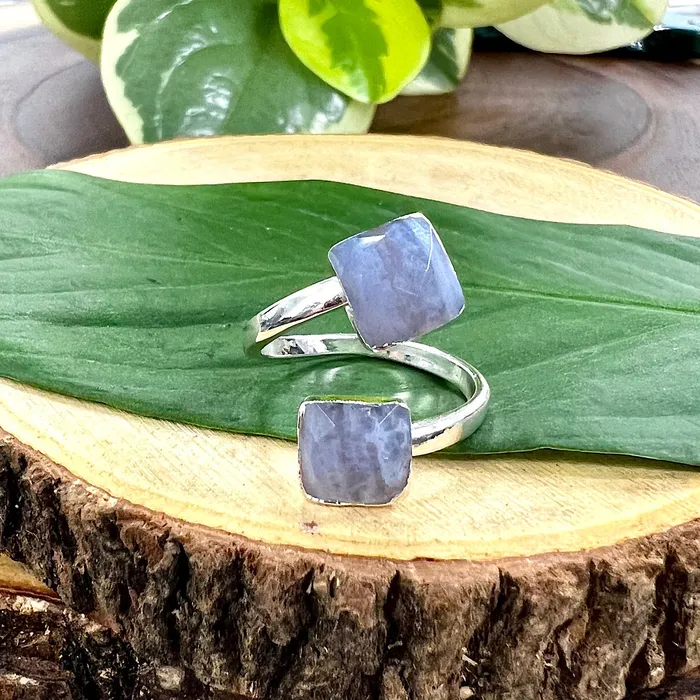 Blue Lace Agate Faceted Diamond Insightful Relaxation Adjustable White Gold Ring Lily Rose Jewelry Rings