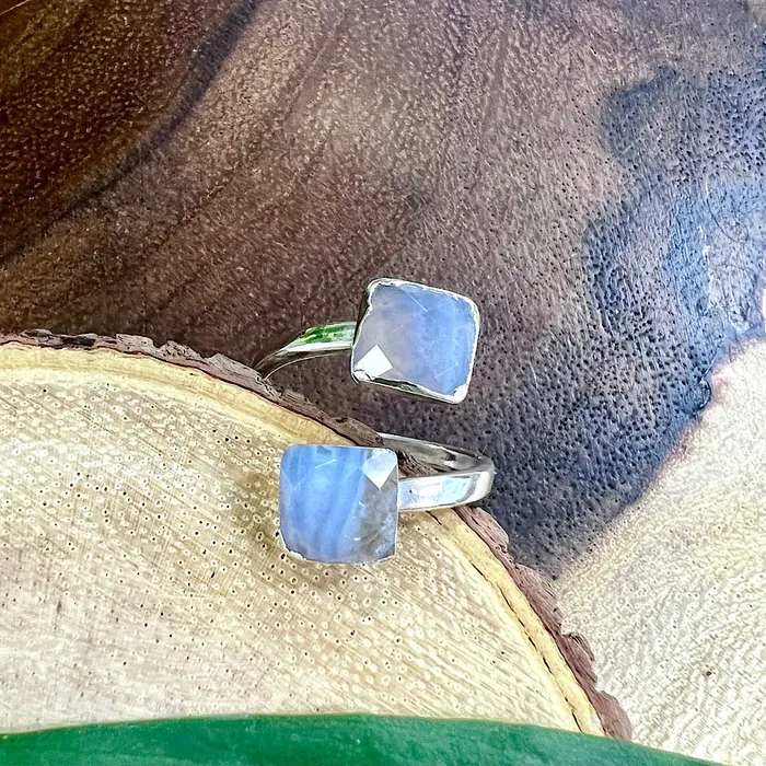 Blue Lace Agate Faceted Diamond Insightful Relaxation Adjustable White Gold Ring Lily Rose Jewelry Rings