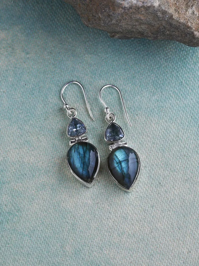 Earrings YoTreasure Labradorite Blue Topaz Solid 925 Sterling Silver Dangle Earrings Jewelry