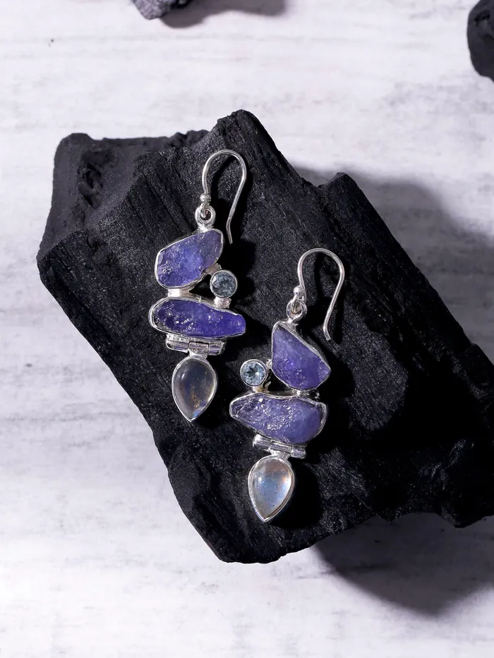 Earrings YoTreasure Raw Tanzanite Labradorite Solid 925 Sterling Silver Dangle Earrings Earrings YoTreasure Raw Tanzanite Labradorite Solid 925 Sterling Silver Dangle Earrings