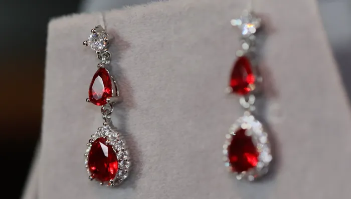Lab Diamonds London Earrings Red Pear Cut Diamond Earrings Red Gemstone Earrings Womens Ruby Earrings Red Diamond Earrings