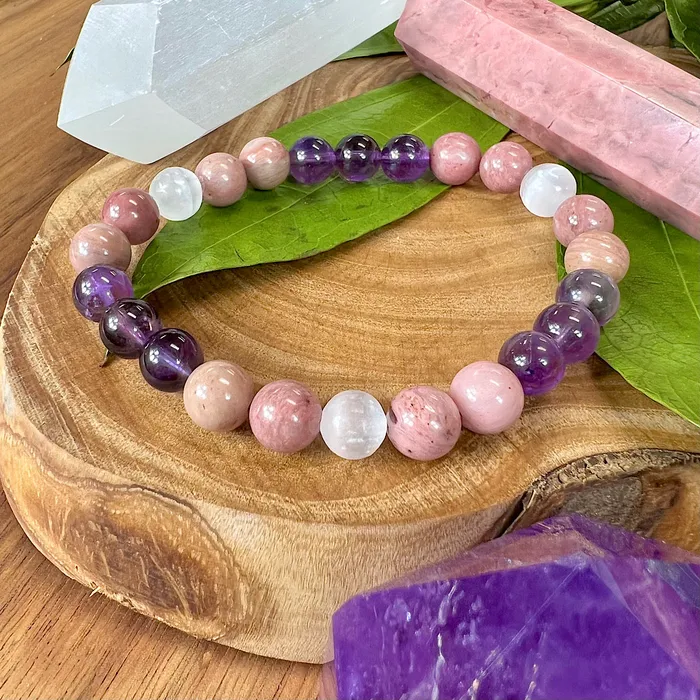 Lily Rose Jewelry Bracelets Unconditional Self Love Rhodonite Amethyst Satin Spar Selenite 8mm Stretch Bracelet