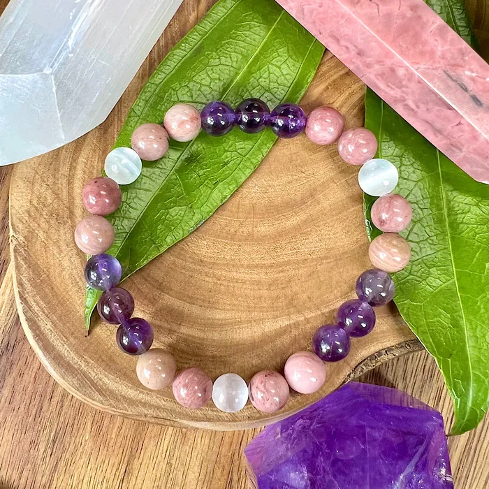 Lily Rose Jewelry Bracelets Unconditional Self Love Rhodonite Amethyst Satin Spar Selenite 8mm Stretch Bracelet