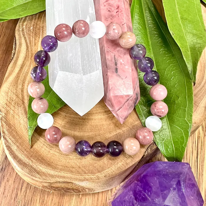 Lily Rose Jewelry Bracelets Unconditional Self Love Rhodonite Amethyst Satin Spar Selenite 8mm Stretch Bracelet