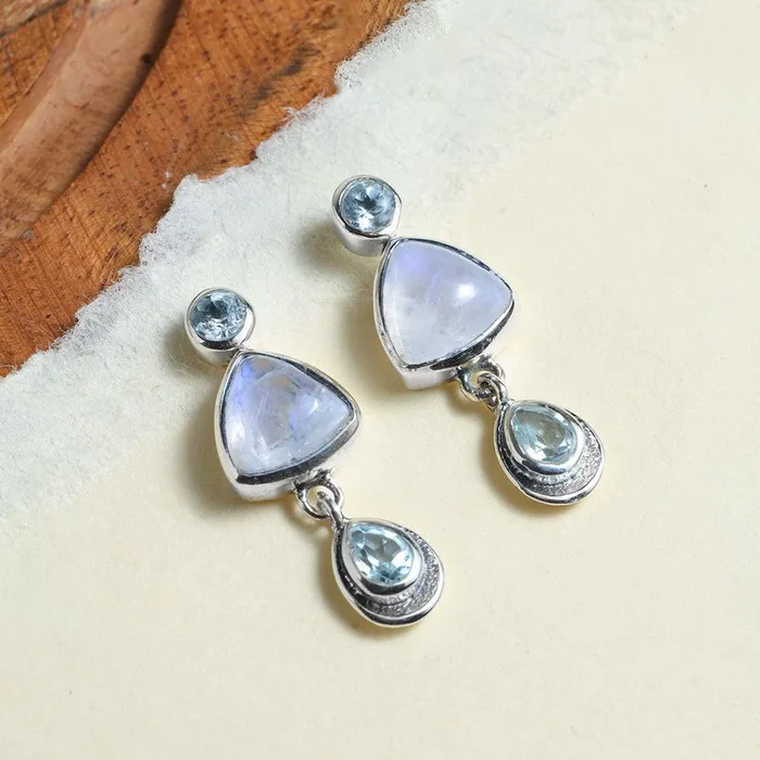 Rainbow Moonstone Sky Blue Topaz Solid 925 Sterling Silver Drop Earrings YoTreasure Earrings