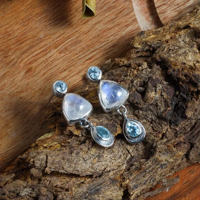 Rainbow Moonstone Sky Blue Topaz Solid 925 Sterling Silver Drop Earrings YoTreasure Earrings