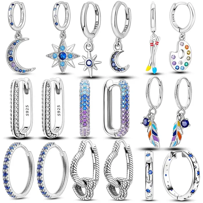 SWEET T 52 Earrings 925 Sterling Silver Sparkling HeartStarMoon Feather Fashion Colorful Earrings Hoop Jewelry for Women Girls
