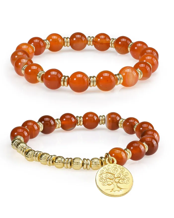 YoTreasure Bracelets Red Banded Agate Tree of Life Charm Stretchable Beaded Bracelet Brass Gemstone Jewelry