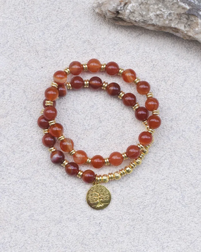 YoTreasure Bracelets Red Banded Agate Tree of Life Charm Stretchable Beaded Bracelet Brass Gemstone Jewelry