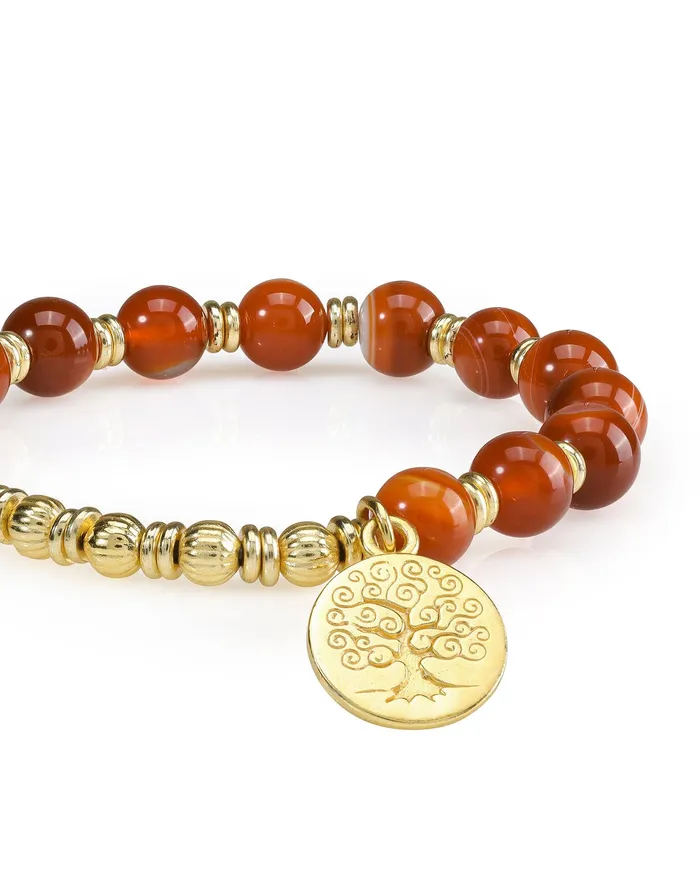 YoTreasure Bracelets Red Banded Agate Tree of Life Charm Stretchable Beaded Bracelet Brass Gemstone Jewelry