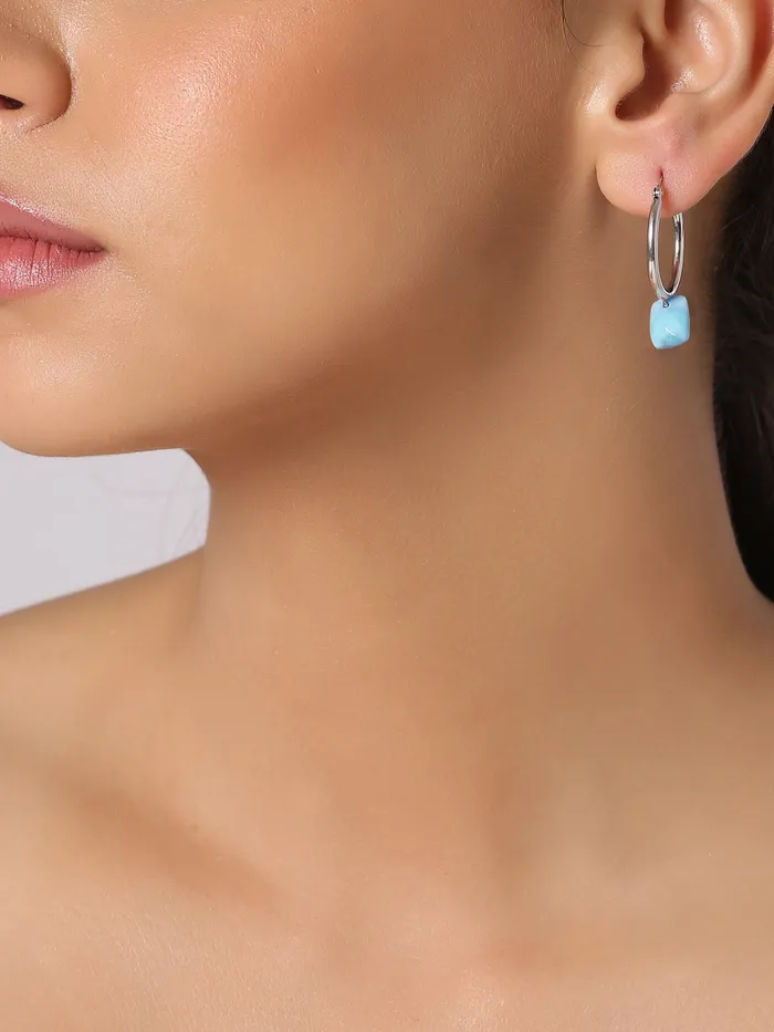 YoTreasure Earrings 506 Cts Natural Larimar Solid 925 Sterling Silver Hoop Earrings