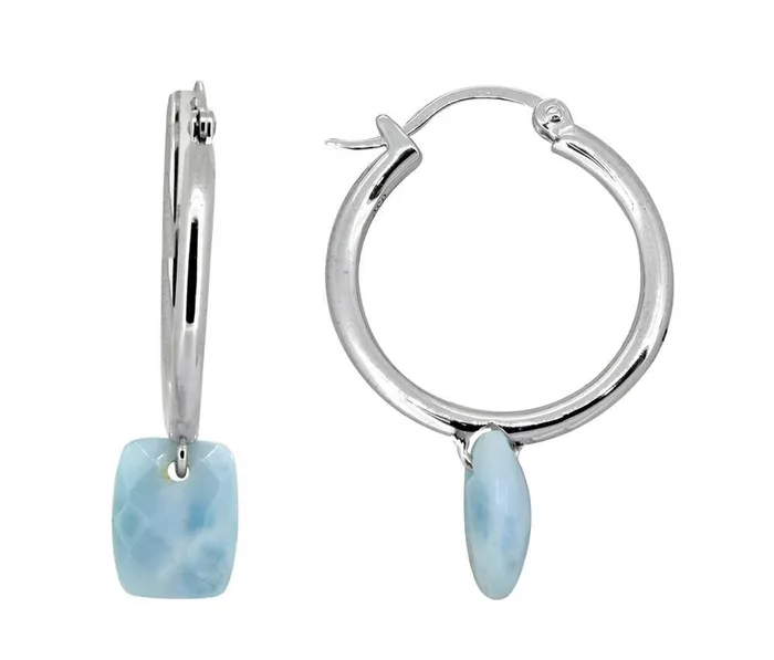 YoTreasure Earrings 506 Cts Natural Larimar Solid 925 Sterling Silver Hoop Earrings