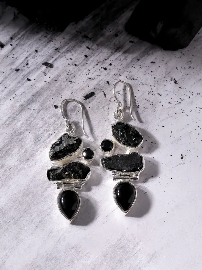 YoTreasure Earrings Rough Tourmaline Black Onyx Solid 925 Sterling Silver Dangle Earrings YoTreasure Earrings Rough Tourmaline Black Onyx Solid 925 Sterling Silver Dangle Earrings
