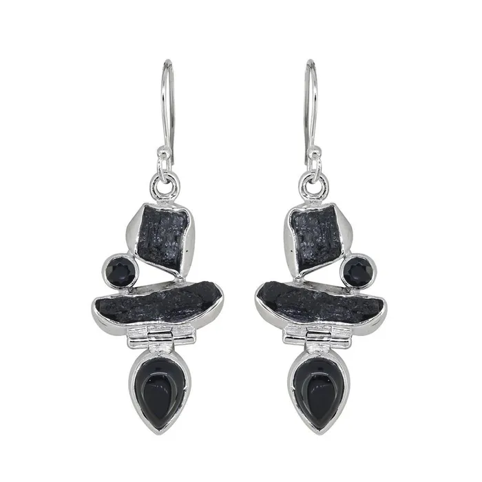 YoTreasure Earrings Rough Tourmaline Black Onyx Solid 925 Sterling Silver Dangle Earrings