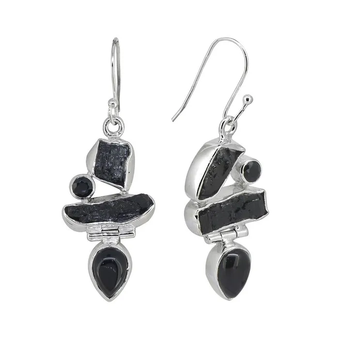YoTreasure Earrings Rough Tourmaline Black Onyx Solid 925 Sterling Silver Dangle Earrings