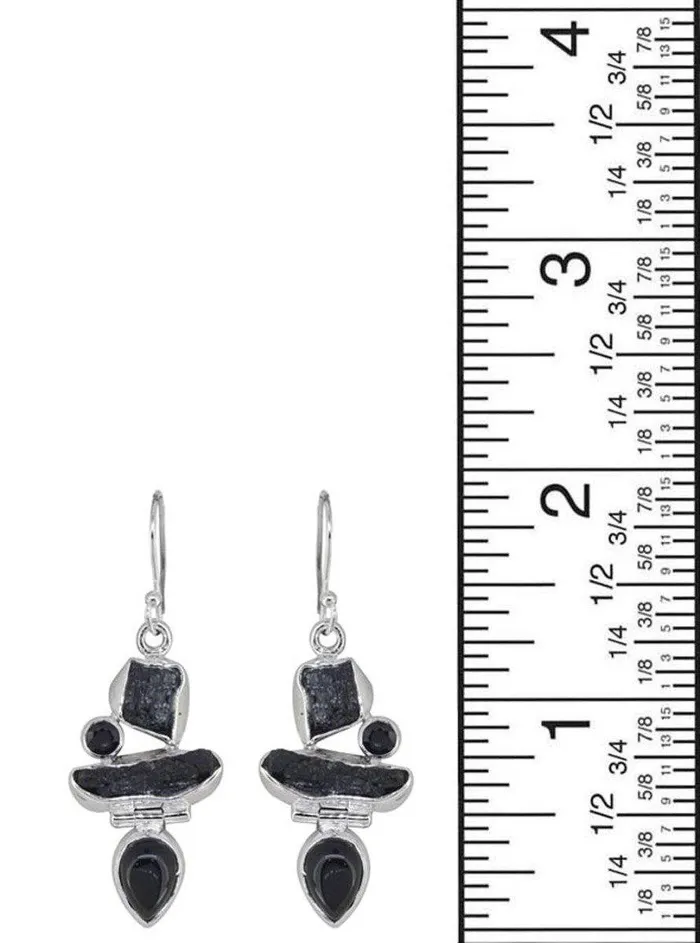 YoTreasure Earrings Rough Tourmaline Black Onyx Solid 925 Sterling Silver Dangle Earrings