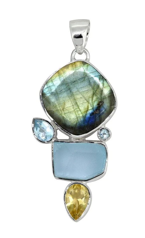 YoTreasure Labradorite Blue Topaz Solid 925 Sterling Silver Pendant Necklace Necklaces