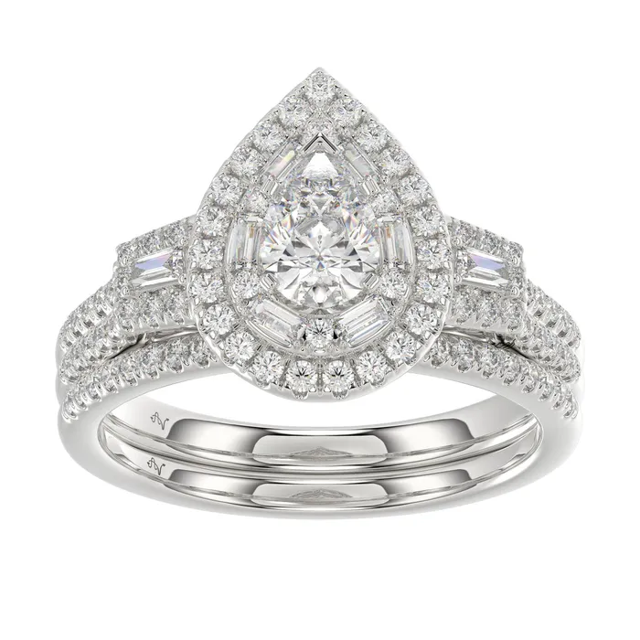 AV LADIES BIRDAL RING 150CT ROUNDBAGUETTEPEAR DIAMOND 14K WHITE GOLD SI QUALITY CENTER STONE 075CT PEAR DIAMOND Rings