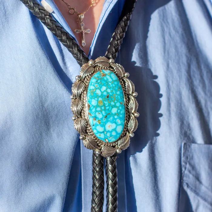 Crown Jewels Coin Pricilla Apache Navajo Handmade Sterling Silver Turquoise Bolo Tie Rings