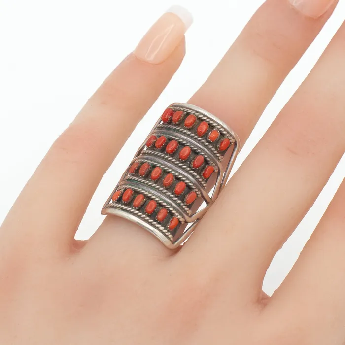 Crown Jewels Coin Rings Navajo Handmade Sterling Silver Coral Ring Hallmark Unknown Size 9