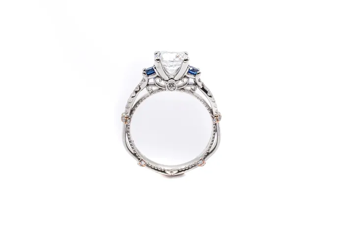 Crown Jewels Coin Rings Verragio Diamond and Gemstone 3stonering with La Grown Center Diamond Sapphire Side Stones