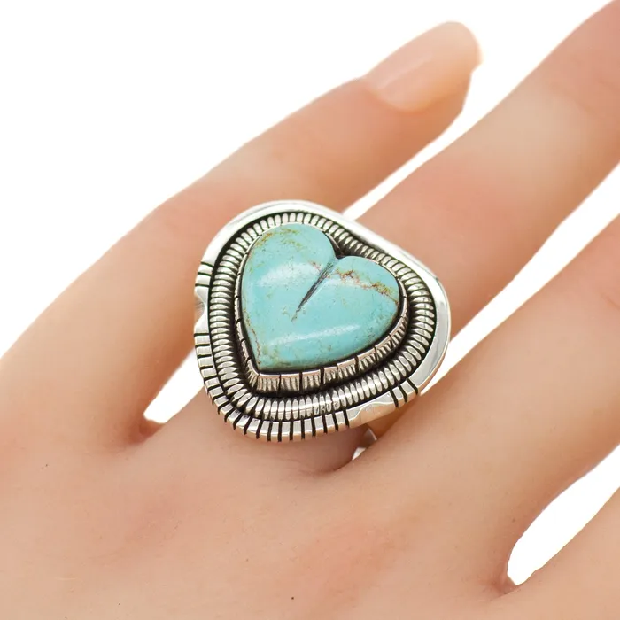 Crown Jewels Coin Walter Vandaver Navajo Handmade Sterling Silver Turquoise Heart Ring Rings