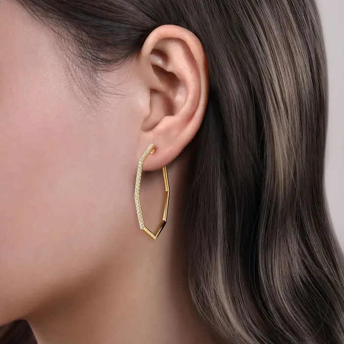 Earrings GABRIEL CO Gabriel 14K Yellow Gold 072ctw Geometric Contemporary Hoop Style Diamond Earrings