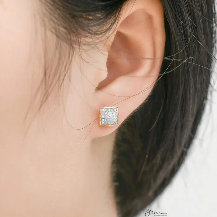 Earrings Glitters Sterling Silver CZ Paved Square Stud Earrings