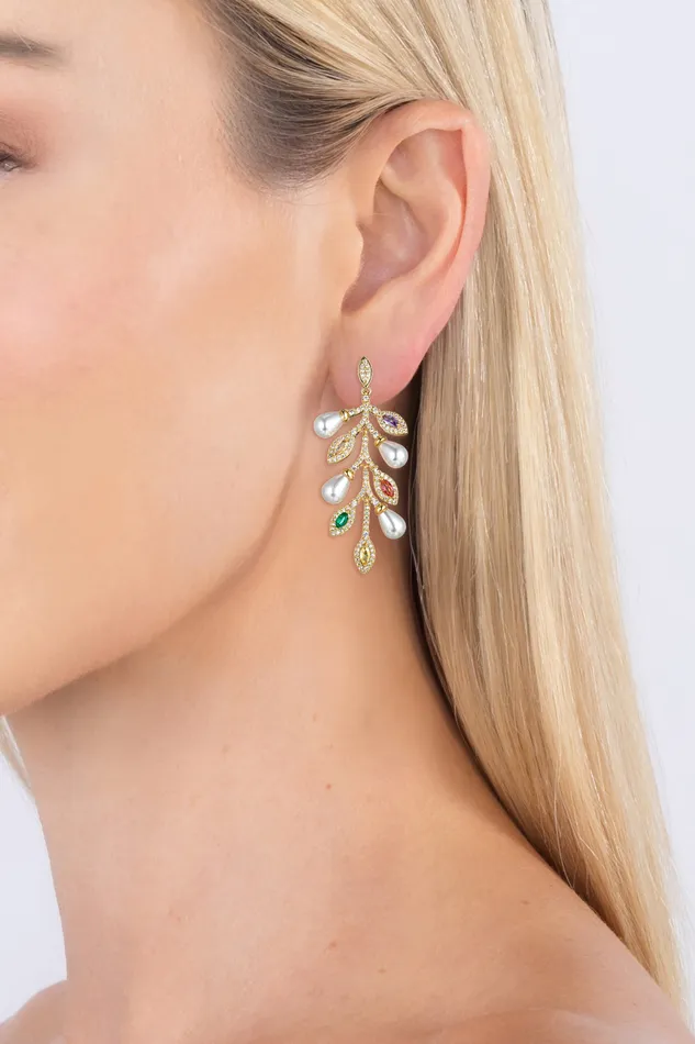 Eye Candy LA Earrings Golden Leaf CZ Dangle Earrings