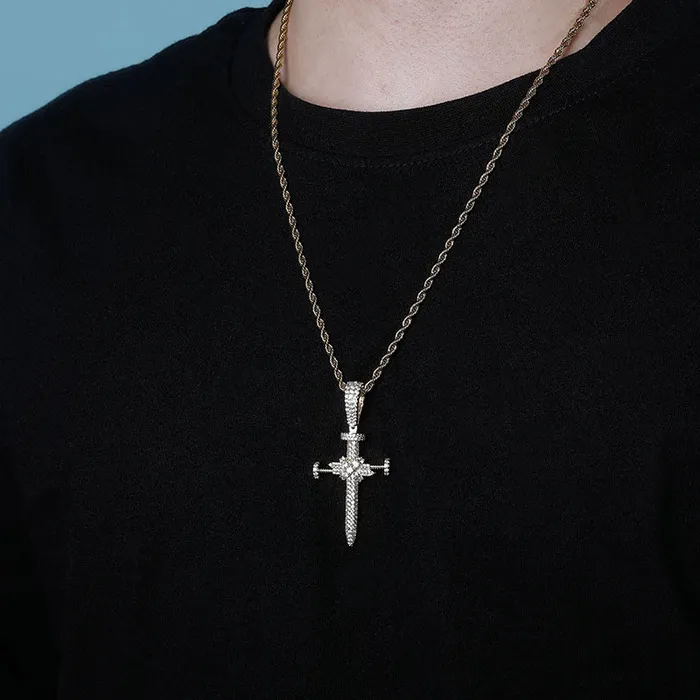 Glitters Iced Out Nail Cross Pendant Gold Necklaces