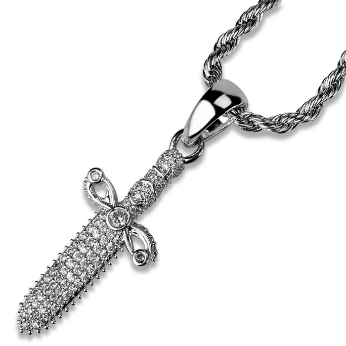 Glitters Iced Out Sword Pendant Silver Necklaces