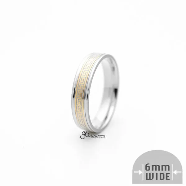 Glitters Rings 6mm Silver Greek Key on Gold Background Stainless Steel Band Rings Glitters Rings 6mm Silver Greek Key on Gold Background Stainless Steel Band Rings
