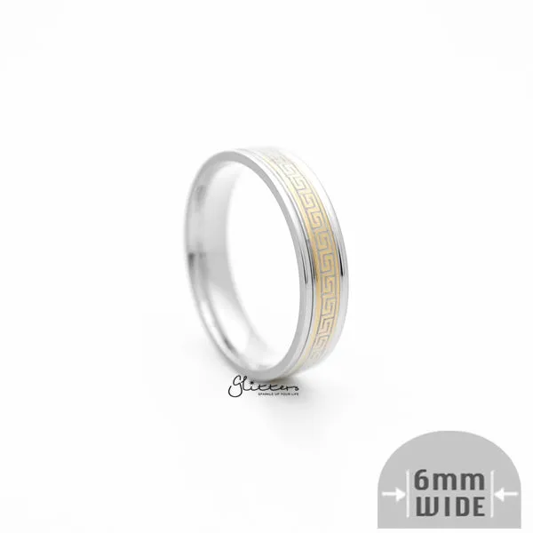 Glitters Rings 6mm Silver Greek Key on Gold Background Stainless Steel Band Rings Glitters Rings 6mm Silver Greek Key on Gold Background Stainless Steel Band Rings