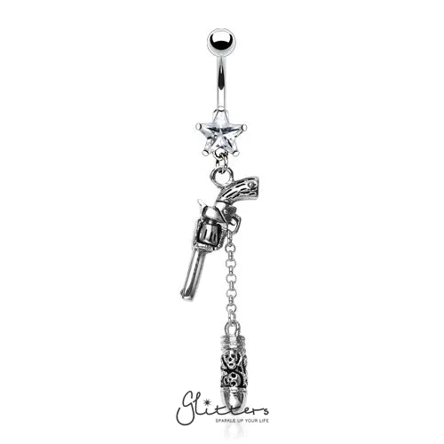 Glitters Rings Surgical Steel Cubic Zirconia Star with Gun Bullet Dangle Belly RingClear Glitters Rings Surgical Steel Cubic Zirconia Star with Gun Bullet Dangle Belly RingClear