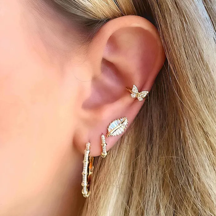 Izakov Diamonds Fine Jewelry Earrings 14K Gold Micro Pave Diamond Bamboo Hoop Earrings 25MM