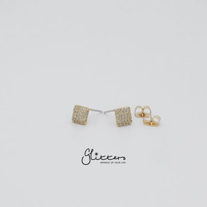 Micro Cubic Zirconia Paved Square Stud Earrings with Sterling Silver Post Glitters Earrings