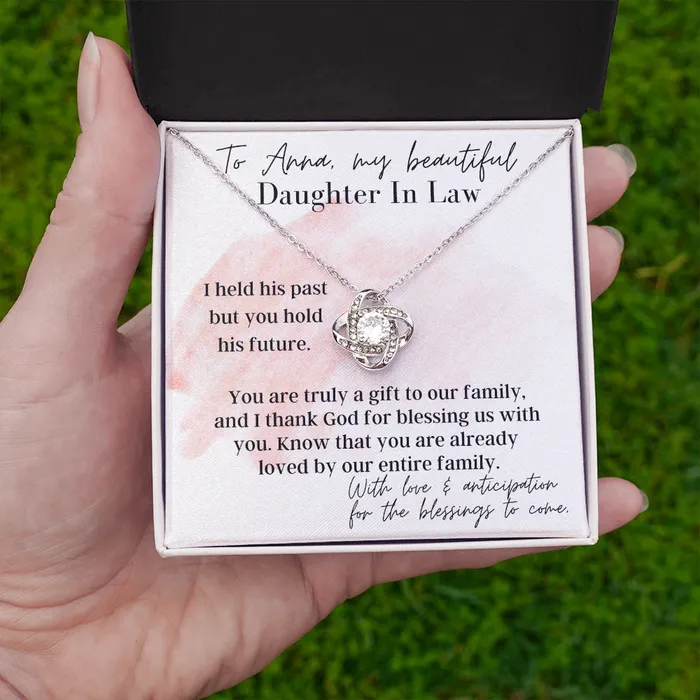Personalized Message To My Beautiful Daughter In Law Love Knot Pendant Necklace 14k White Gold Over Stainless Steel with Cubic Zirconia Stone ShineOn Fulfillment Necklaces