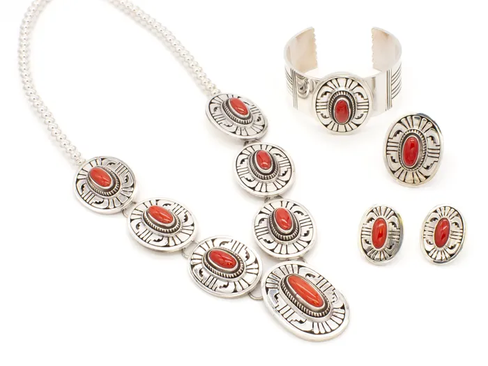 Rings Crown Jewels Coin Leonard Nez FourPiece Navajo Handmade Sterling Silver Coral Jewelry Set Rings Crown Jewels Coin Leonard Nez FourPiece Navajo Handmade Sterling Silver Coral Jewelry Set