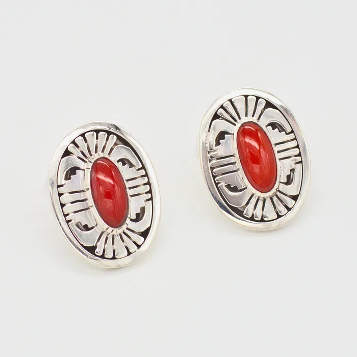 Rings Crown Jewels Coin Leonard Nez FourPiece Navajo Handmade Sterling Silver Coral Jewelry Set