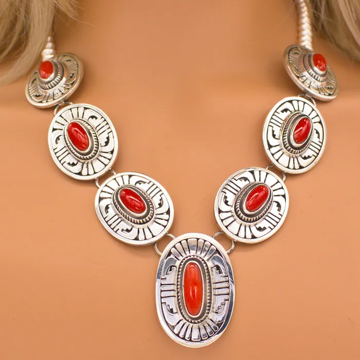 Rings Crown Jewels Coin Leonard Nez FourPiece Navajo Handmade Sterling Silver Coral Jewelry Set